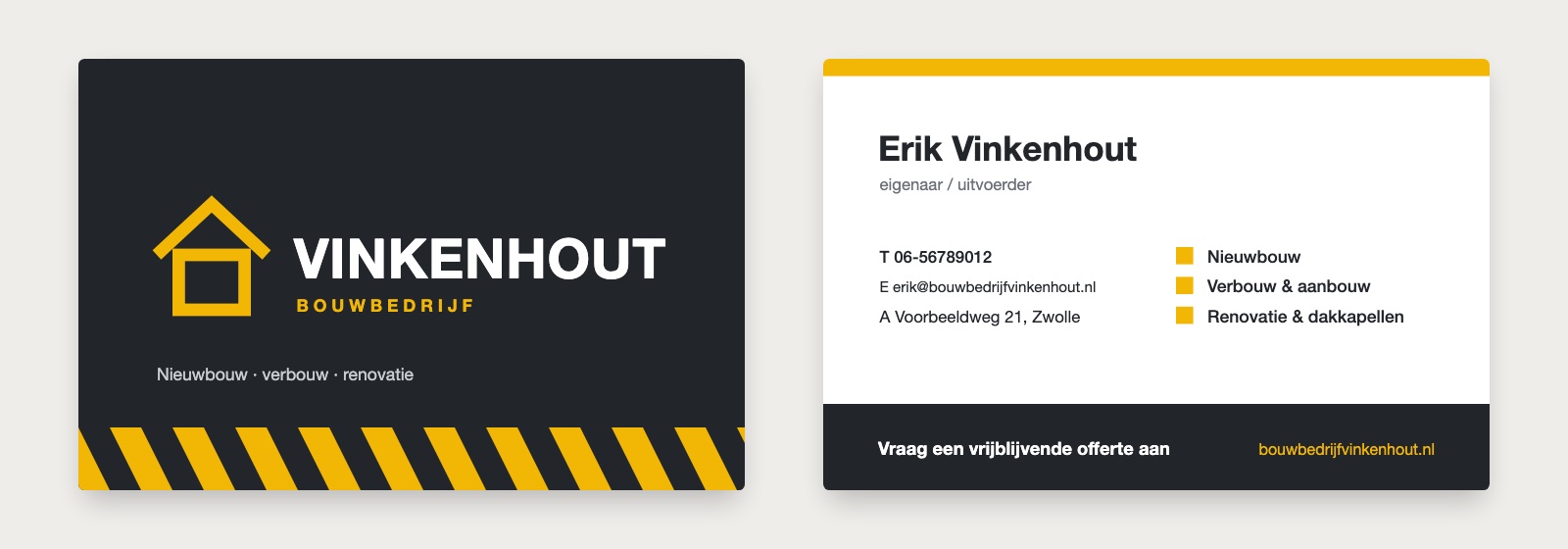 Voorbeeld visitekaartje bouwbedrijf: donkergrijze voorkant met geel huisjeslogo, de naam Vinkenhout en een geel-zwarte waarschuwingsstreep, witte achterkant met contactgegevens en diensten
