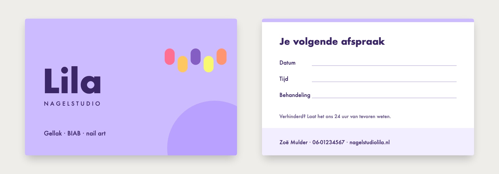 Visitekaartje voorbeeld voor een nagelstyliste: lila voorkant met de naam Lila en gekleurde nagelvormen, achterkant als afspraakkaart met lijnen voor datum, tijd en behandeling
